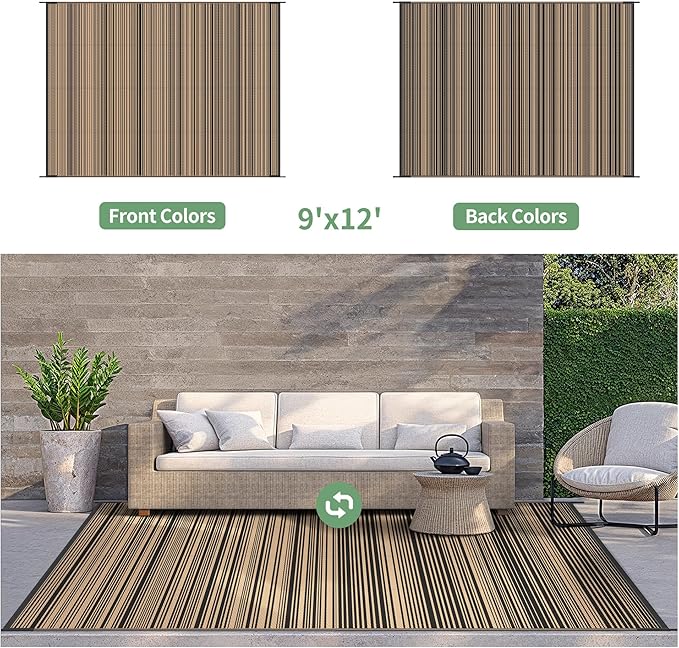 GENIMO Outdoor Rug for Patio Clearance, 9'x12' Reversible Plastic Straw Rugs, Lightweight Waterproof RV Camping Mat for Camper, Balcony, Deck, Backyard, Picnic, BlackBrown