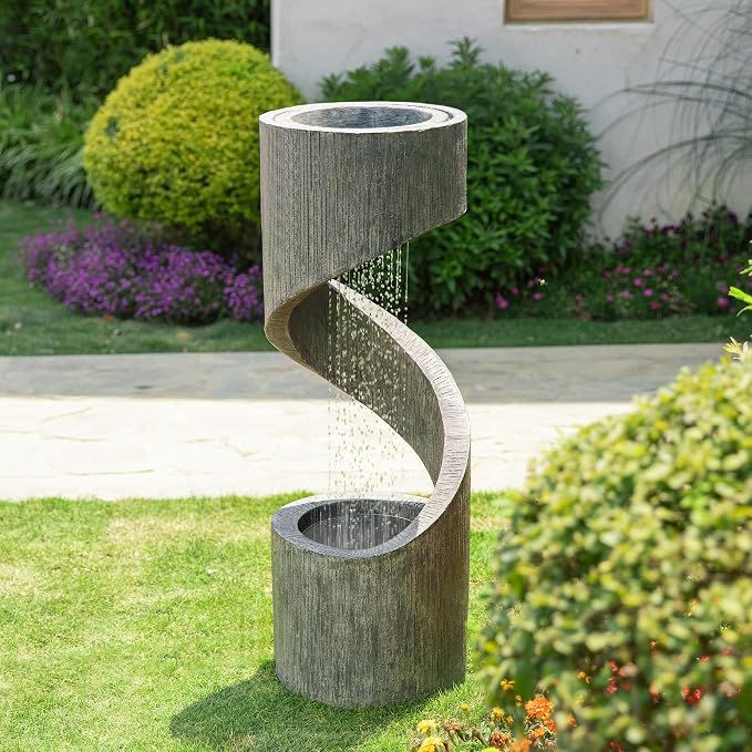 Glitzhome Outdoor Fountain with LED Light, Oversized Spiral Water Fountain Outdoor with Stone Planter, Modern Curved Waterfall Fountains Water Feature for Garden Patio, 40”H