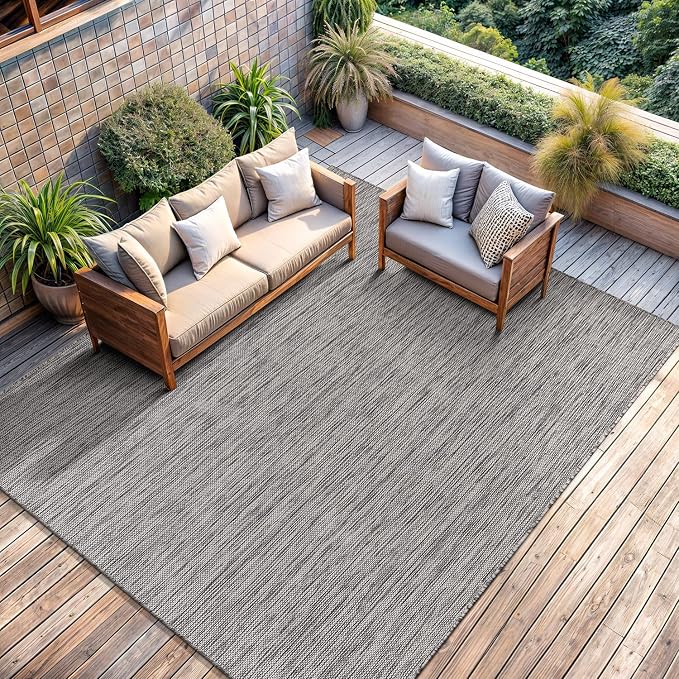 CAMILSON Outdoor Rug 9x12 Modern Area Rugs for Large Indoor and Outdoor Patios and Porches - Waterproof, Washable, Non-Shedding, Easy-to-Clean Outside Carpet (9 x 12, Solid - Silver Gray)