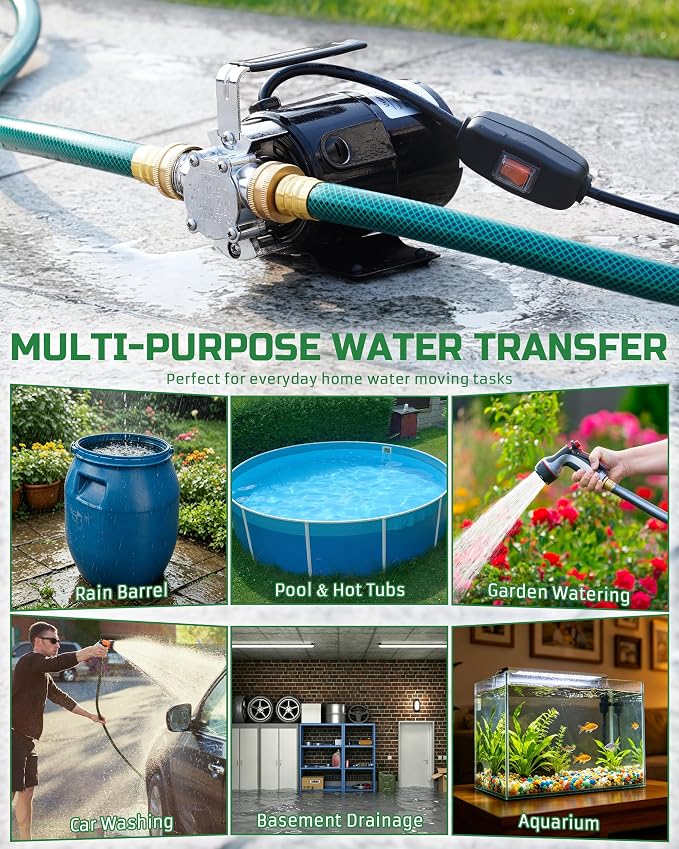 1/10HP Water Transfer Pump, Electric Utility Pump w/ 2 x 6 ft Garden Hose Kit, 110V 330GPH Water Removal Pump for Rain Barrel, Flooding & Aquarium, Self Priming Garden Water Drain Pumps