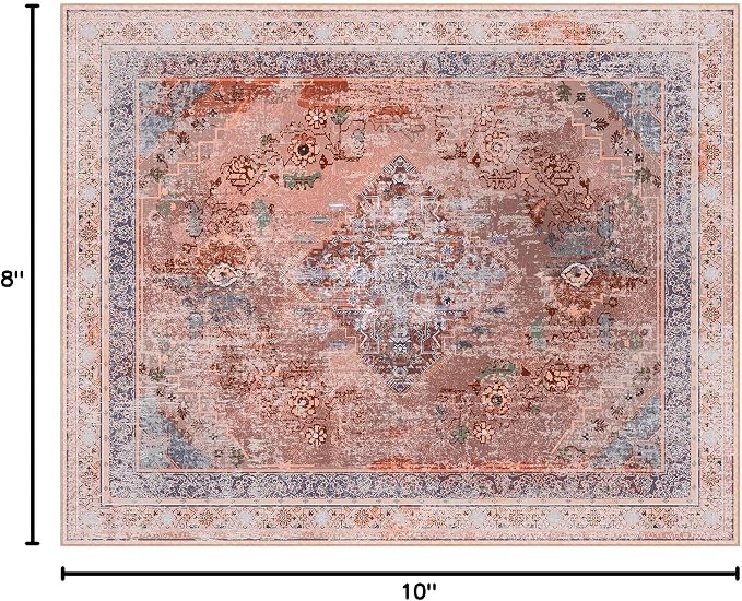 Phantoscope Washable Area Rug 8'x10' Non-Slip, Vintage Neutral Fall Rugs for Living Room, Bedroom, Dining Room, Distressed Boho Medallion Pattern, Low-Pile Foldable Floor Carpet, Rust Orange