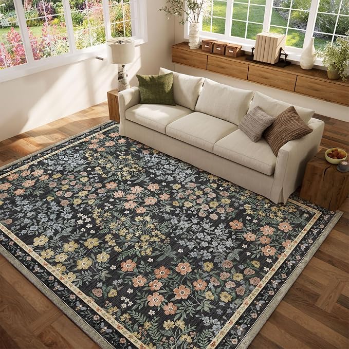 Washable Living Room Area Rug: 6x9 Area Rugs for Bedroom Vintage Stain Resistant Non Slip Low Pile Soft Lightweight Carpet Rugs for Kitchen Dining Room Farmhouse Kids Room Nursery