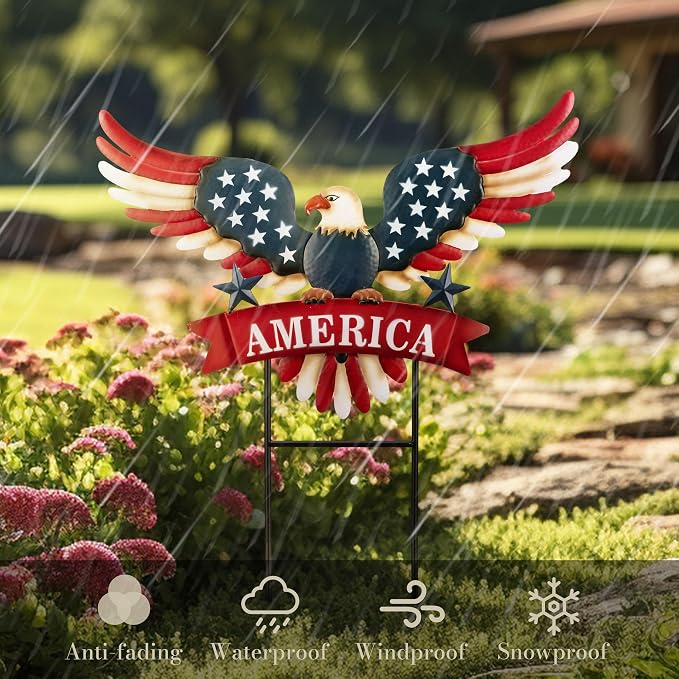 TERESA'S COLLECTIONS 4th of July Decorations for Outdoor, Patriotic Memorial Day Garden Decor, Eagle Metal Yard Art Sign for Outside, Americana Garden Stake for Lawn, Independence Day Gifts, 22.4''