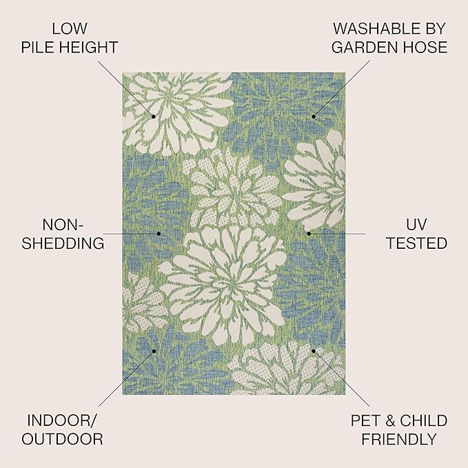 JONATHAN Y Floral Textured Weave Indoor Outdoor Square Area Rug 5X5 Cream/Green, Zinnia Modern for Backyard, Patio, Porch, Easy-Cleaning, High Traffic, Pet-Friendly, Non-Shedding (SMB110D-5SQ)