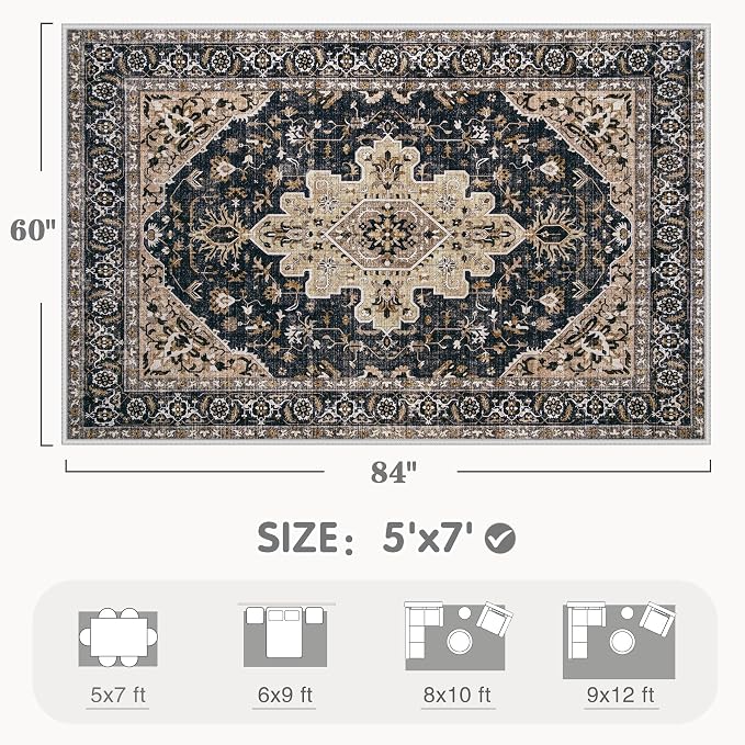 Area Rugs 5x7 Vintage Rug: Washable Living Room Rug Retro Medallion Distressed Large Soft Low Pile Non-Slip Indoor Floor Carpet for Bedroom Kitchen Nursery Dining Table Office (BeigeBlack, 5'x7')