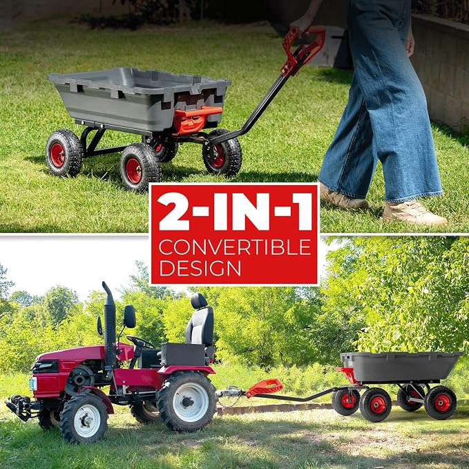 XtremepowerUS 2-in-1 Convertible Handle Heavy Duty Garden Cart Dump Wagon Utility 800-Pound Dump Cart Utility Cart for Yard, Farm 10" Pneumatic Tires