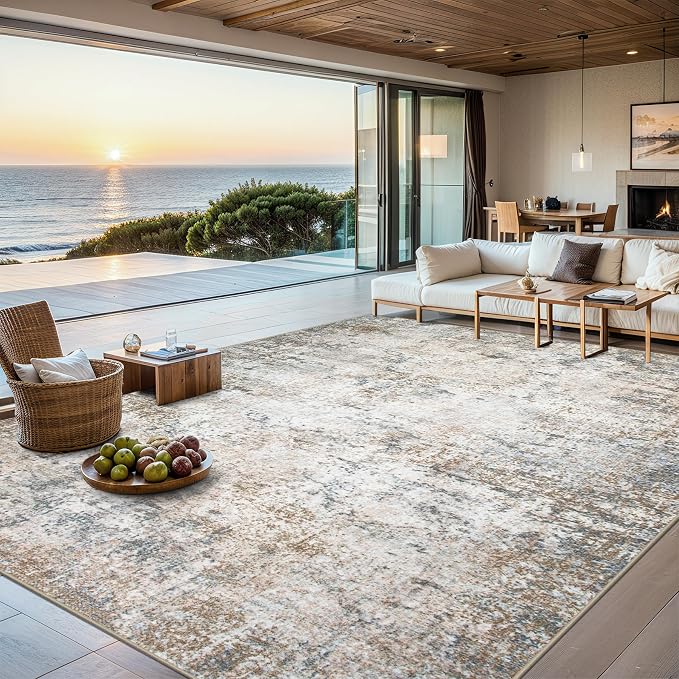 PLHXFR Area Rug Living Room: 4x6 Abstract Washable Carpet Brown Grey | For Bedroom Dining Room Farmhouse Nursery Home,Machine washable,Non Slip,Large Soft Neutral,Stain Resistant, Indoor Floor