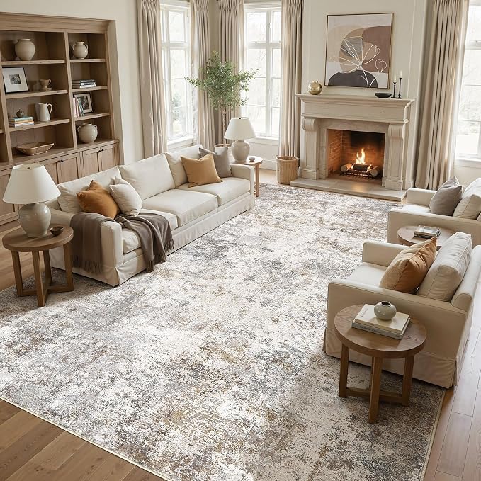 UERMEI 12x14 Area Rug Living Room Rugs Extra Large Brown Grey Carpet | Washable Neutral Modern Abstract Non-Slip Soft Low Pile Floor Rugs for Bedroom Dining Room Home Office Indoor Decor