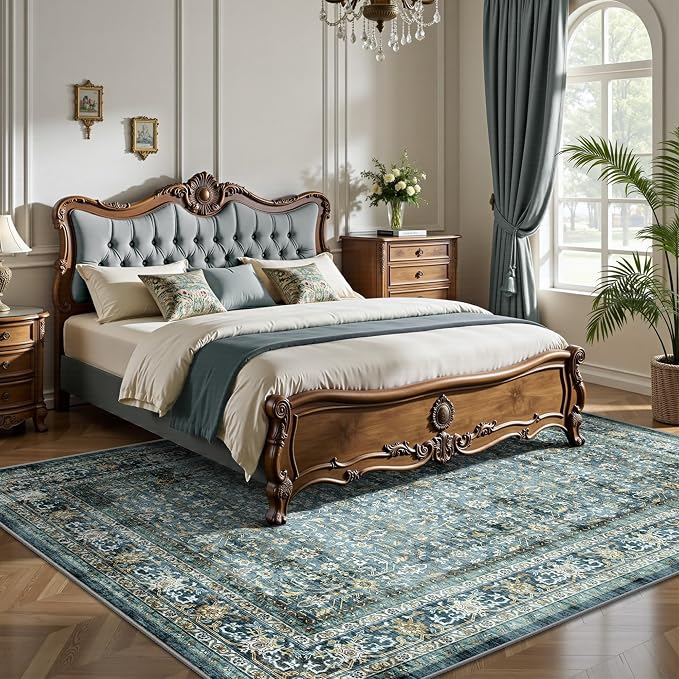6x9 Area Rugs - Washable Vintage Retro Living Room Rug, Soft Ultra Thin Non Slip Low Pile Traditional Distressed Boho Carpet for Bedroom Dining Room Nursery Home Office, Blue