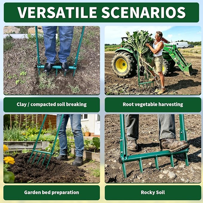 VVOKGO Broadfork Garden Tool with 11.8" Long Tines, 5-Tine Broad Fork for Gardening Heavy Duty, Unbreakable Garden Fork & Hand Tiller for Farm Digging, Crushing, Aerating Soil