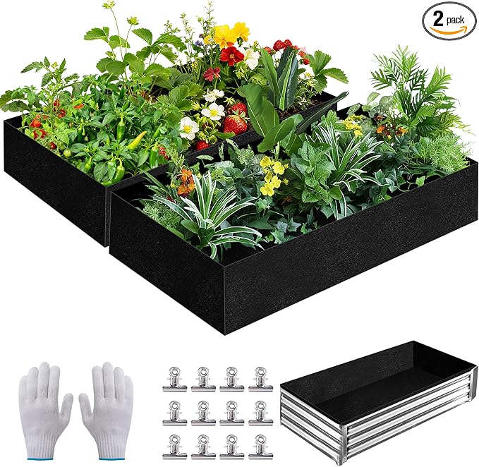 2 Sets 4 x 2 x 1 ft Raised Garden Bed Liner Bag, Breathable Grow Bed Fabric Liners with Clips and Gloves, Garden Box Non Woven Bag for Outdoor Plants Growth Keep Soil Isolation (No Garden Bed)