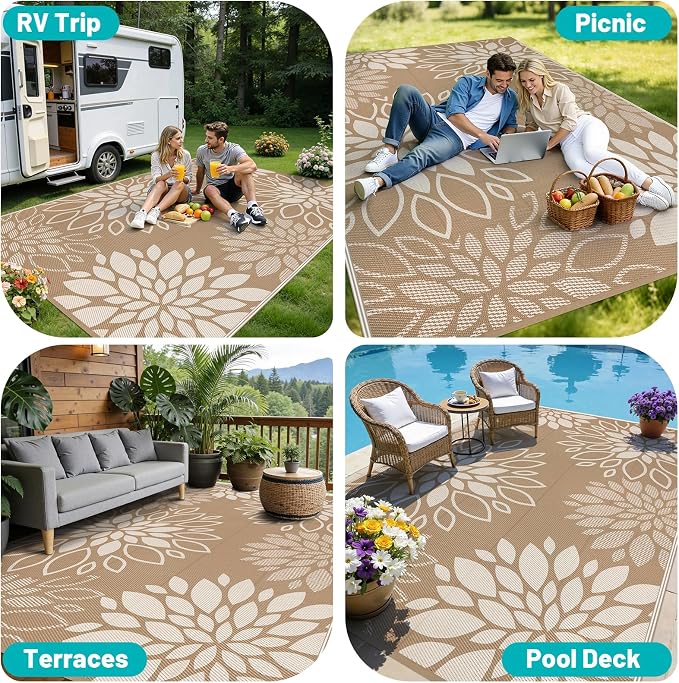 HEBE Waterproof Outdoor Rug 9x12 for Patios, Floral Reversible Plastic Straw Rug Patio Mat, Indoor Outdoor Carpet RV Mat Camping Rug for Deck, Camper, Porch, Balcony, Backyard, Picnic