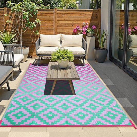 Anidaroel Ombre Outdoor Rugs for Patios Clearance Waterproof, 6x9 Reversible Geometric Plastic Straw Outside Area Rugs, RV Camping Mat for Balcony, Pool Deck, Picnic, Backgard(Green&Pink,6‘x9')