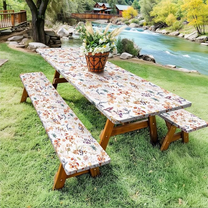 Picnic Table Cover with Bench Covers Elastic Colorful Floral Patterns Waterproof Tablecloth with Drawstring Bag Camping Gear and Essentials Rv Accessories Road Trip Supplies Car Travel Must Haves