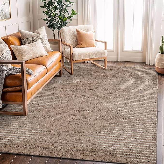 Rugshop Bohemian Stripe Stain Resistant High Traffic Area Rug Beige 5' x 7' | Rectangular, Size 5' x 7', Living Room, Bedroom, Dining Room, Home Office, Kitchen, Entryway, Hallway, Nursery, Kids Room