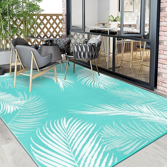 Pauwer Waterproof Outdoor Rug 6x9, Reversible Plastic Straw Patio Camping Rug, Indoor Outdoor RV Mat Carpet for Deck, Camper, Porch, Balcony, Backyard, Picnic, Leaf Light Blue