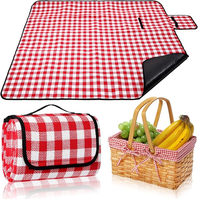 Patelai Wicker Picnic Basket Natural Hand Woven Basket with Double Folding Handles, Willow Hamper Baskets with Blanket for Outdoor Picnic Summer Spring Camp Family(Red and White Grid)
