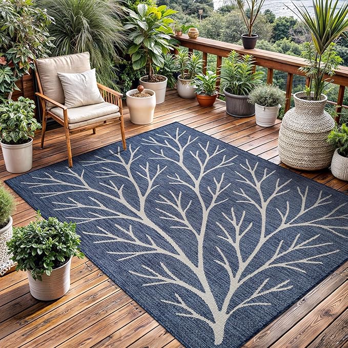 Washable Indoor Outdoor Rug 10x14 Modern Area Rugs Branch Pattern Non Shedding Waterproof Easy Clean Patio Deck Porch Living Room Bedroom Garden RV (10 X 14 Blue)