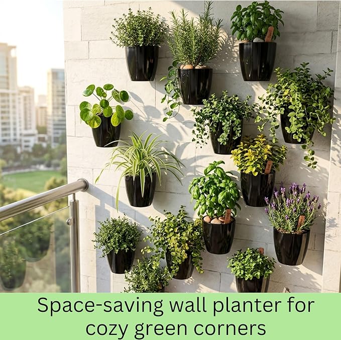 LaLaGreen Wall Planters for Indoor Plants - 10 Pack, 5 Inch Black Self Watering Wall Planter, Eco Wall Mounted Planters System Living Hanging Wall Pots Holder Trendy Live Wall Garden Indoor for Herb