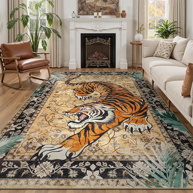 DCX Washable 9x12 Tiger Area Rug, Brown Vintage Animal Rug for Living Room, Soft Low Pile Carpet, Kid & Pet Friendly with Rubber Back Non Slip, Stain Resistant Rug for Bedroom Dining Room Office