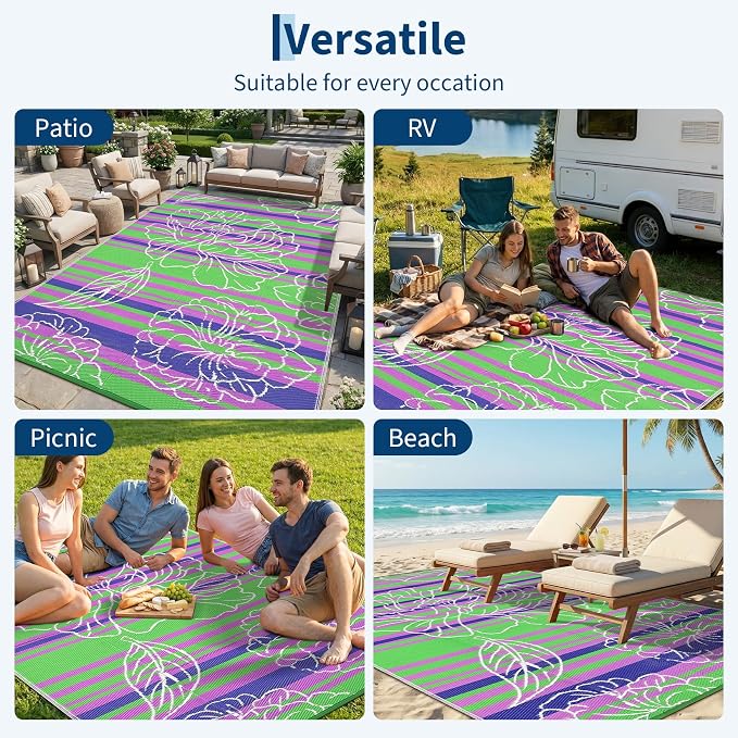 Garvee 6x9 Outdoor Waterproof Rug, Floral Outdoor Area Rug，Reversible Plastic Straw Patio Rug, Portable Camping Mat for RV, Picnic, Beach, Balcony, Garden & Camping Green
