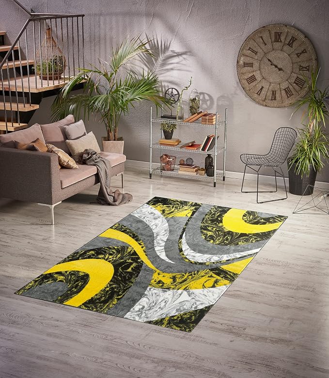 Yafa Home Fashion Modern Contemporary Swirls Design Area Rug, Luxurious, Elegant, and Fashionable Area Rug (Yellow, 8 ft X 10 ft)