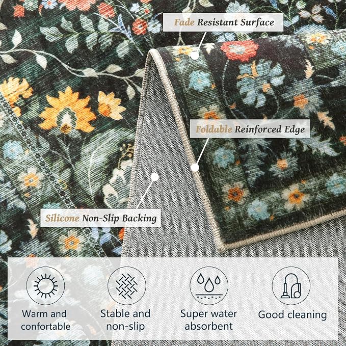 Vintage Botanical Dark Green Washable Runners for Hallways, 2x6 Runner Rug Non Slip Ultra-Thin, Boho Soft Hallway Rug Forest Green Carpet for Kitchen Bedroom Bathroom Laundry Room