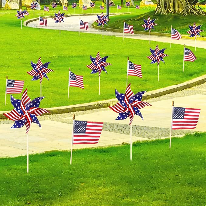HOOSUN American Flags Patriotic Pinwheels,24 Pack 4th of July Decorations Small USA Flags On Stick With Fourth of July Pinwheels,Red White And Blue Memorial Day Decorations Patriotic Party Supplies