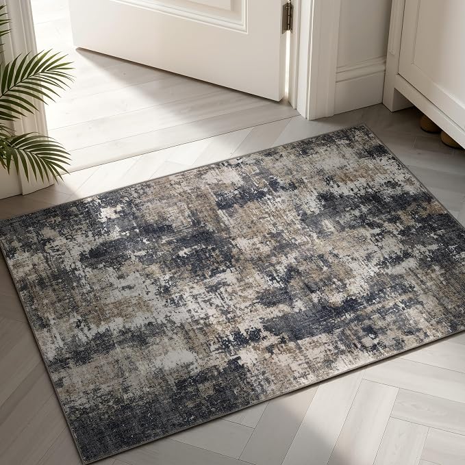Sasttie 2x3 Entryway Area Rug, Modern Abstract Small Carpet, Black & Beige | Machine Washable, Ultra-Soft Faux Wool, Non-Slip, Low Pile, Thin, for Entrance, Door-Mat, High-Traffic Areas