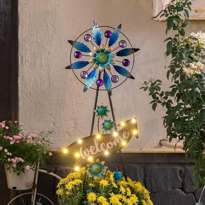 TERESA'S COLLECTIONS Garden Decor Solar Stake, Wind Spinner for Outdoor Decorations, Metal Windmill Blue Floral Yard Art Sign Decorative Garden Stake for Lawn Ornaments, Gifts for Mom, 26''