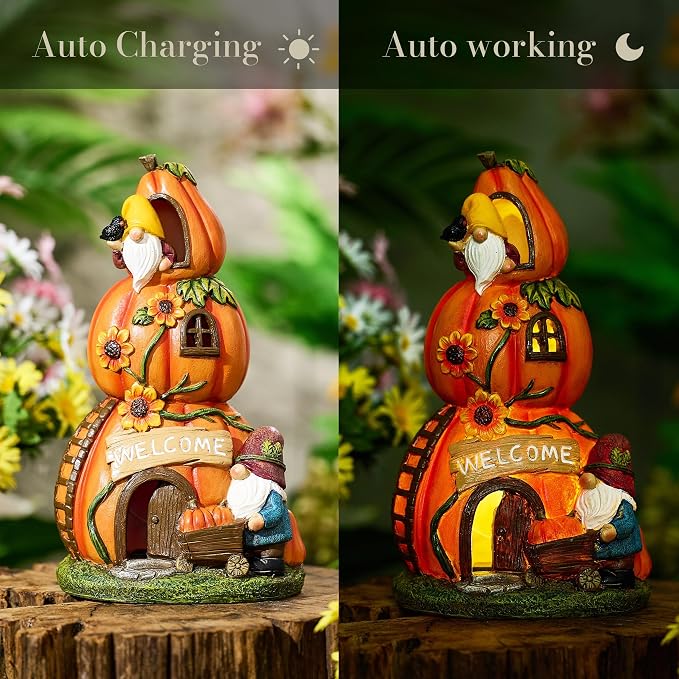 TERESA'S COLLECTIONS Fall Decor, Pumpkin Decor, Orange Pumpkin Fairy House and Gnomes Santa with Solar Lights, Waterproof Resin Outdoor Fall Decor, Fall Gifts Outdoor/Indoor, 9.7"
