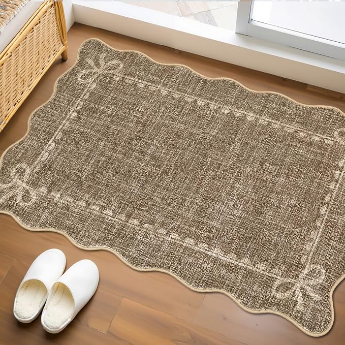 GarveeHome Scalloped Entryway Rug 2x3 Washable Front Door Bow Rug, Brown | Non Slip Soft Low Pile Ultra-Thin Stain Resistant Indoor Carpet for Girls Dorm Nursery Bedroom Decor Hallway Kitchen Floor