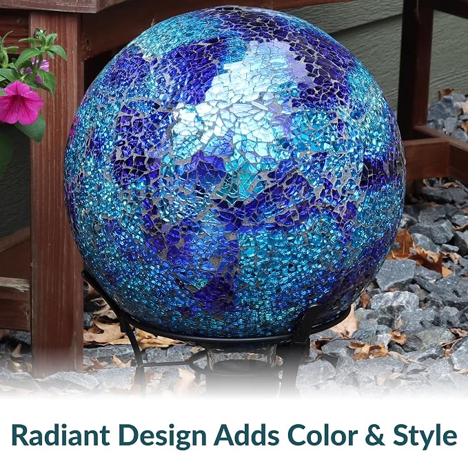Sunnydaze 10" Mosaic Glass Gazing Ball for Garden, Globe for Outdoor Decor | Deep Ocean Swirl, Decorative Sphere Fits Most Stands, Garden Ball for Outside, Flower Bed, Backyard, or Indoor Display