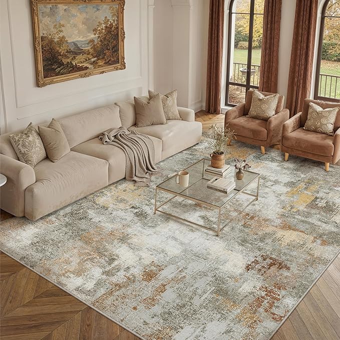 8x10 Grey Orange Modern Abstract Washable Area Rug for Living Room | Low Pile, Non Slip, Modern Abstract Style, Soft Large Area Rug for Living Room, Bedroom, Dining Room, Office, Home Decor