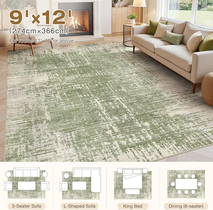 kakania Abstract 9x12 Area Rugs for Living Room: Washable Rugs Green | Soft, Non-Slip, Low-Pile, Pet & Kid Friendly - Large Modern Home Decor Carpet for Bedroom/Dining Room/Office/Nursery