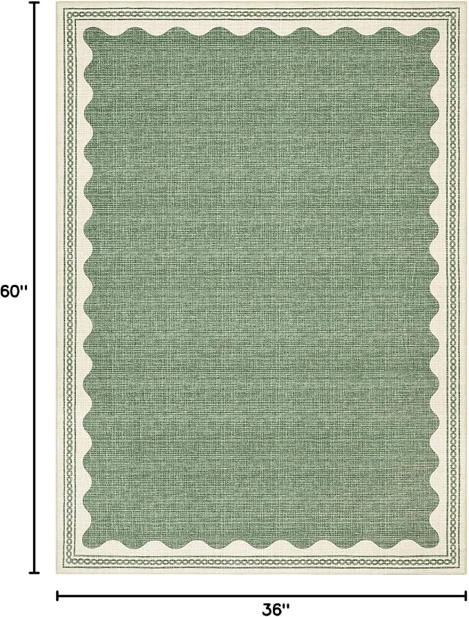 GarveeHome Scalloped 3x5 Rug Washable Non-Slip Low-Pile Indoor Rugs for Entryway Solid Sage Green Modern Carpet for Kitchen Bedroom Living Room Bathroom Indoor Mat
