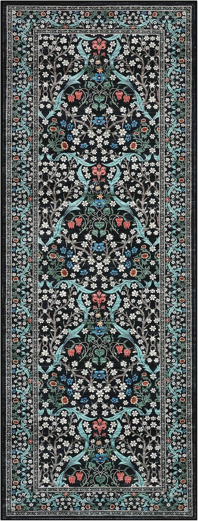 GarveeHome Black Floral 2x6 Washable Kitchen Runner Rug | Vintage Stain Resistant Rugs for Entryway Hallway Bedroom Bathroom Low-Pile Non-Slip Soft Botanical Boho Rug TPE Backing