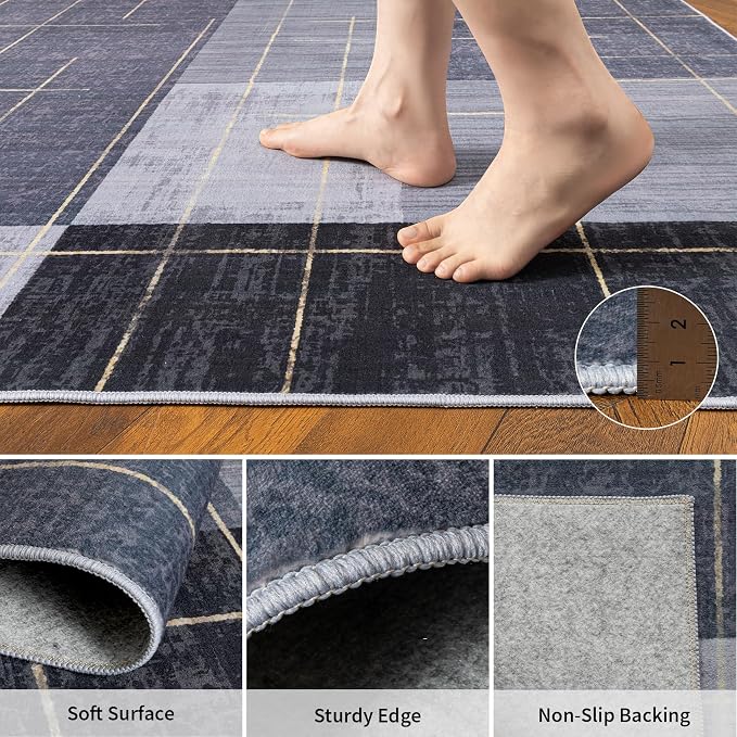Washable Abstract Modern 6x9 Area Rugs for Living Room,Contemporary Geometric Rug for Bedroom Non Slip with Gold Striped, Blue and Grey White Checkered Carpet