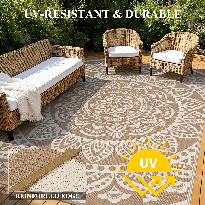 Bsmathom Waterproof Outdoor Rug 9x12ft Large Reversible Boho Plastic Straw Patio Deck Camping Rugs, Indoor Outdoor Portable RV Mat Carpet for Outside, Porch, Balcony, Backyard, Beach, Pool,Brown