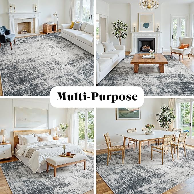 9x12 Area Rugs for Living Room: Washable Soft Deep Black Abstract Carpet | Non-Slip TPE & Stain Resistant,0.25" Low-Pile,Kids Pet Friendly Modern Decor for Dining Room Farmhouse Office, Non-Shedding