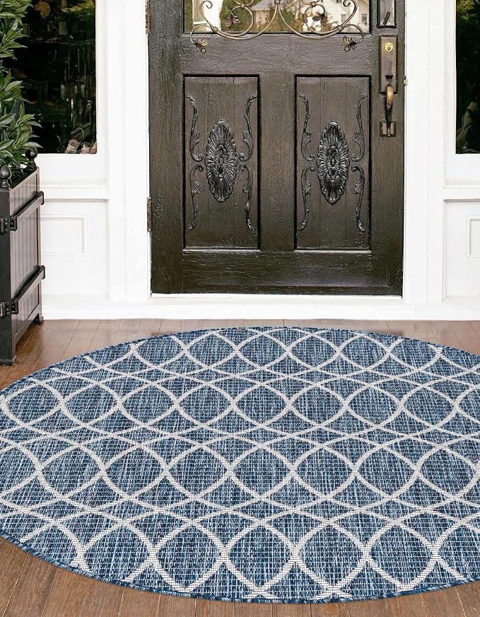 Unique Loom Outdoor Trellis Collection Area Rug - Gitter (3' 1" Round, Blue/ Ivory)