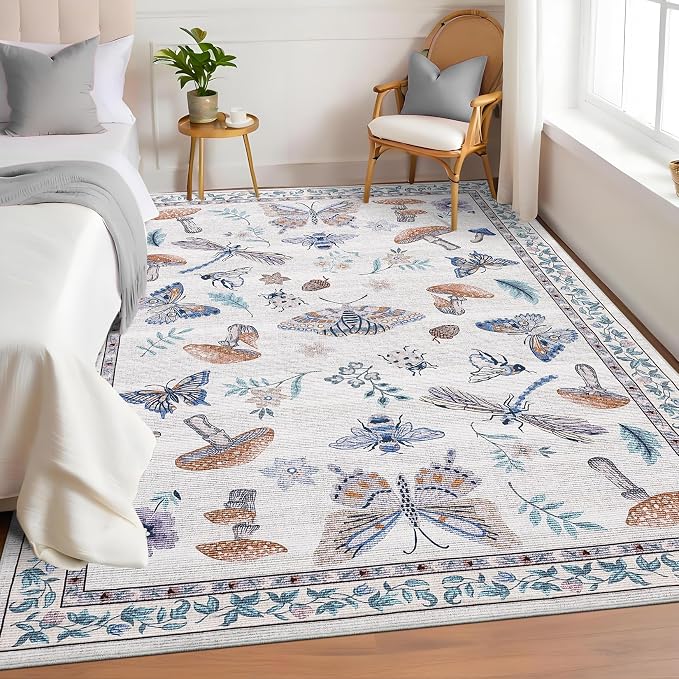 ROYHOME Washable Rug 5x7 Area Rugs for Living Room, Mushroom Insect Rug for Bedroom, 5x7 Rug Non Slip Throw Rugs with Rubber Back, Low Pile Stain Resistant Modern Carpet for Dining Room Dorm,Beige