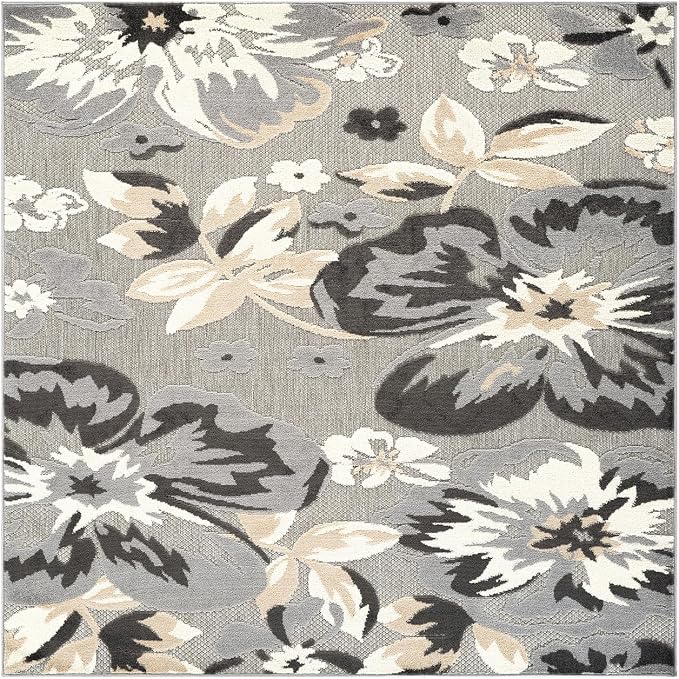 Rugshop Bergamo Contemporary Floral Non-Shedding Easy Cleaning Patio Deck Backyard Indoor/Outdoor Area Rug 6' 6" Square Gray