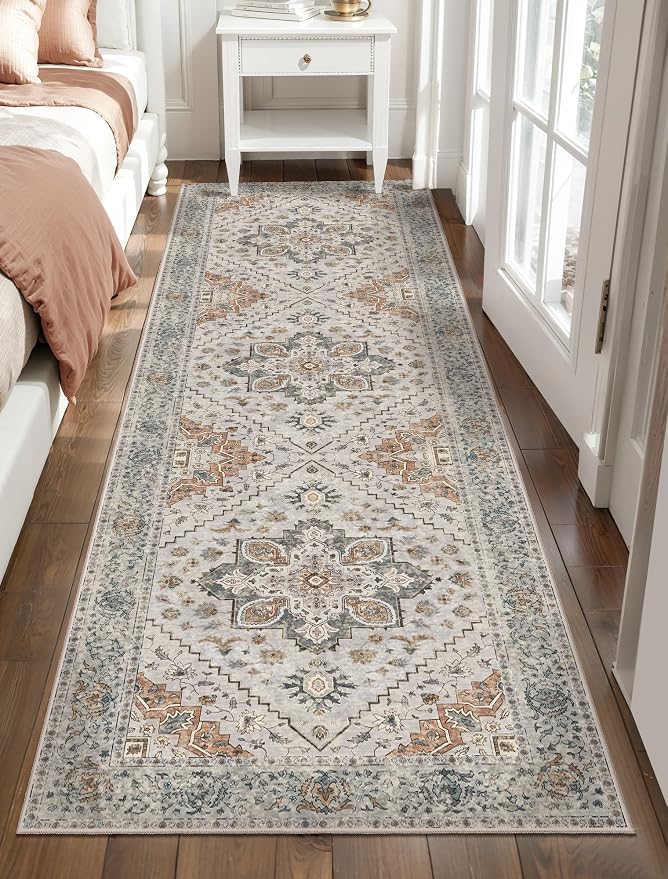 Tangsoo 2.6x8 Washable Runner Rug for Hallways, Non Slip Vintage Runner Rugs, Soft Low Pile Long Rugs Print Distressed Grey Carpet Runners for Kitchen Bedroom Entryway Bathroom Living Room