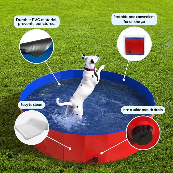 Foldable Dog Pool - 47x12in Pet Pool - Durable PVC Outdoor Pool with Drain for Grooming, Bathing, or Play - Dog Pools for Large Dogs by PETMAKER (Red)