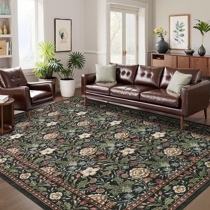 GarveeHome Large Area Rugs 9x12 for Living Room, Forest Green Floral Washable Rug Soft Non Slip Floor Mat Carpet Indoor Thin Accent Rug for Bedroom Dining Room Playroom Nursery Home Decor