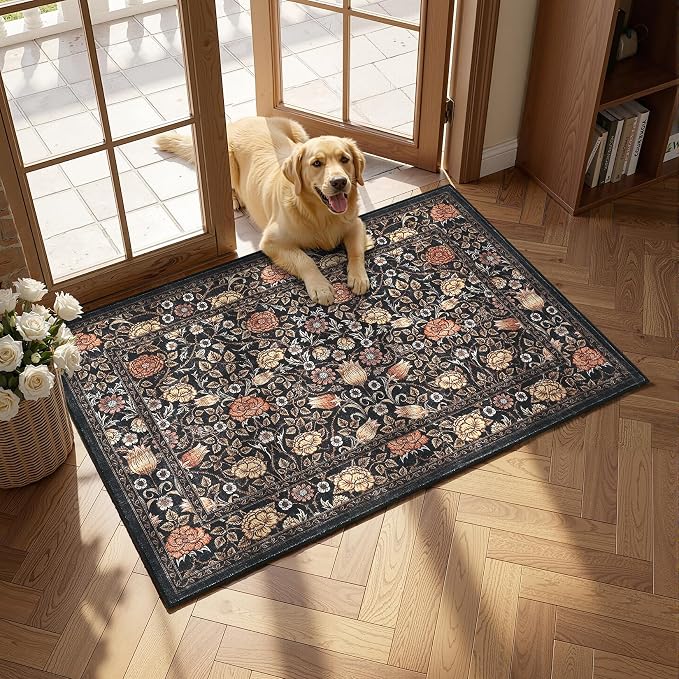 GarveeHome Dark Brown Floral 2.5x8 Runner Rug for Kitchen Hallways | Washable Entryway Bedroom Bathroom Dorm Rug Vintage Boho Rugs Low-Pile Non-Slip Stain Resistant TPE Backing