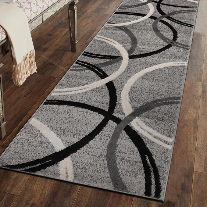 Rugshop Wavy Circles Non-Shedding Living Room Runner Rug Gray 2'7" x 8' | Rectangular, Size 2'7" x 8', Bedroom, Dining Room, Home Office, Kitchen, Entryway, Hallway, Nursery, Kids Room, Guest Room