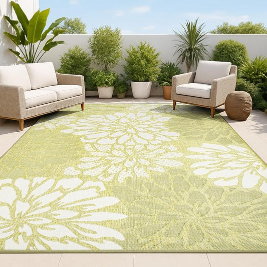 JONATHAN Y Floral Textured Weave Indoor Outdoor Area Rug 9X12 Green/Cream, Zinnia Modern for Backyard, Patio, Porch, Easy-Cleaning, High Traffic, Pet-Friendly, Non-Shedding (SMB110H-9)