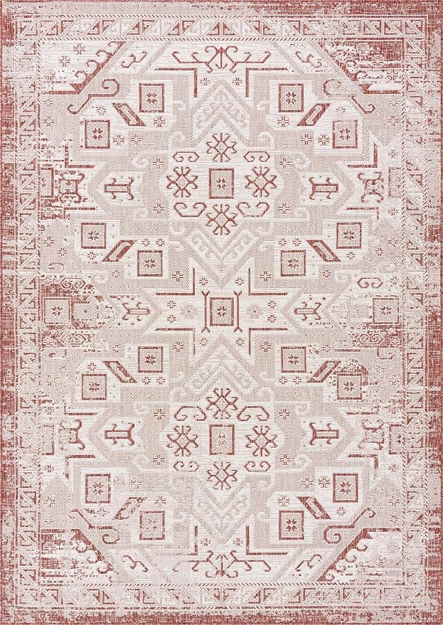 Unique Loom Outdoor Aztec Collection Area Rug - Coba (7' 1" x 10' Rectangle, Rust Red/ Ivory)